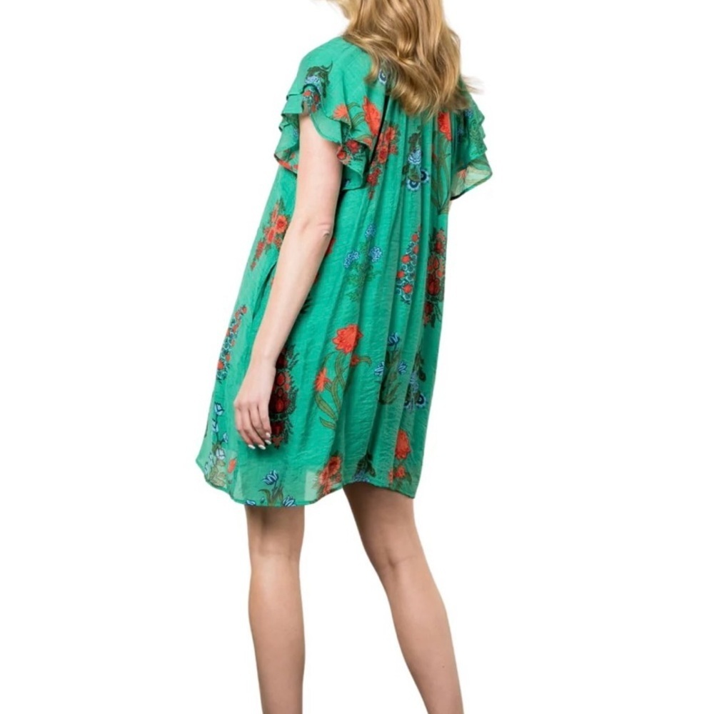 THML Green Flower Garden Dress size Small Floral Flowy Flutter Sleeve - Picture 3 of 11